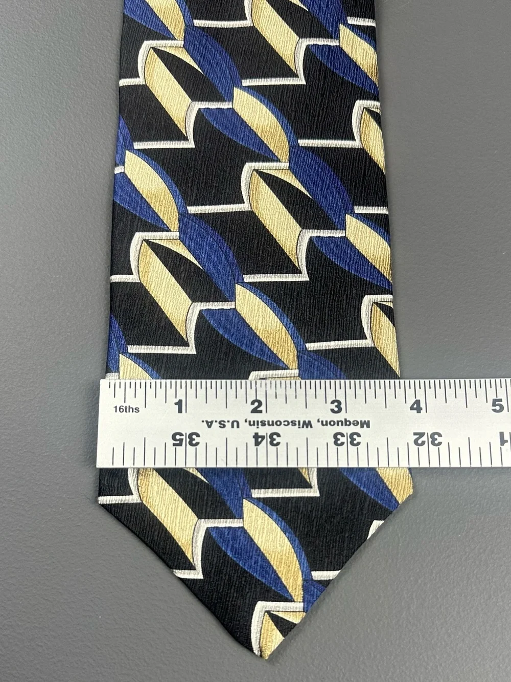 George Machado Designer 100% Silk Tie Blue Gold Black Geometric Made in USA